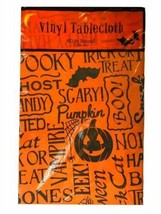 Halloween Vinyl Tablecloth Flannel Backed 60&quot; Rd Scary Pumpkins Bats Orange Boo - £21.26 GBP