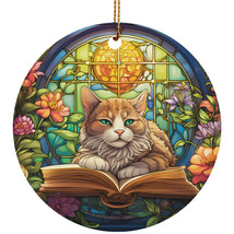 Cute Cat Book Ornament Colorful Stained Glass Art Xmas Wreath Christmas Gift - £11.83 GBP
