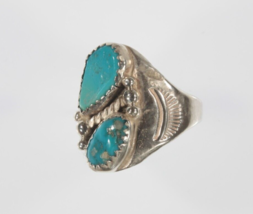 Argent Sterling Navajo Deux Pierres Turquoise Taille Bague 7.50 Signé Ag - $1,913.11 MXN