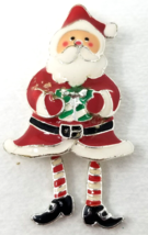 Christmas Dancing Santa Pin Movable Legs Gold Color Metal Red Green Vintage - $12.30