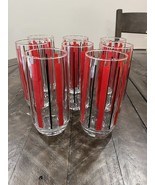 8 Vintage Anchor Hocking 12 Oz 6&quot; Red &amp; Black Vertical Stripes Glass Tum... - $94.76 CAD