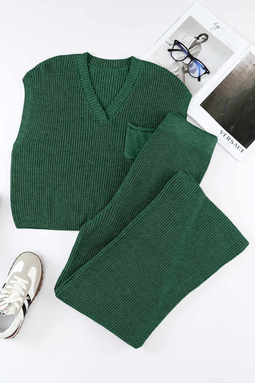 Green Knitted V Neck Sweater and Casual Pants Set Item image 3