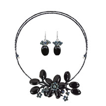 Black Onyx-Pearl Flower Choker-Earrings Jewelry Set - £22.14 GBP