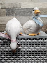 Ceramic White Geese w/ Bows By Lasting Products Inc. Shelf Sitting Vintage Pair - £10.67 GBP