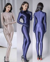  High Glossy Satin Footed Jumpsuit W Gloves Turtleneck Zipper One Piece Bodysuit - £17.17 GBP