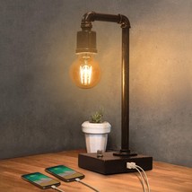 Industrial Table Lamp Vintage Desk Bedside Black Nightstand Reading USB Rustic - £47.75 GBP