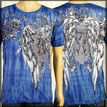 Eagle Medieval Shield Angel Wing Rhinestones Rock Metal UFC MMA Men T-Shirt Blue - £25.08 GBP
