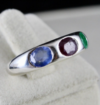 Elegant Natural Ruby Emerald Sapphire Oval Cut Gemstone Finest Silver Ring - £190.43 GBP