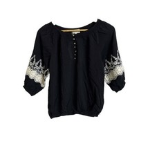 Fiancée Women’s Top Black Embroidery 3/4 Sleeve Size Small Elastic Hem - £11.58 GBP