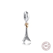 100% Real 925 Sterling Silver Eiffel Tower Paris with 14K Gold Heart Charms Bead - £38.92 GBP