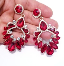 Bridesmaid Drop Earrings, Red Chandelier Earrings, Rhinestone Austrian Crystal J - £30.18 GBP