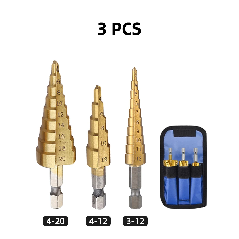 3-12/4-12/4-20/4-32 mm HSS Straight Groove Cone Step Drill Bit Set Titanium Coat - £180.50 GBP