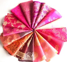 5 Inch x 16 Pieces Pink Recycled Vintage Silk Sari Scraps Brocade Fabric Card - £4.59 GBP
