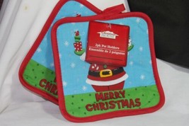 Pot Holders 2 Pc. (New) Merry Christmas - Red, Blue, Green With Santa - 7&quot;X 7&quot; - £6.37 GBP
