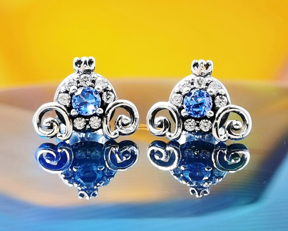 925 Sterling Silver Disney Cinderella Pumpkin Coach Stud Earrings With Blue CZ