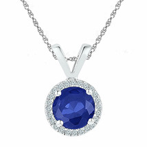 Sterling Silver Round Lab-Created Blue Sapphire Solitaire Pendant 1/10 Ctw - £120.77 GBP