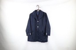 Vtg 40s 50s Womens Large Distressed Full Button Trench Coat Rain Jacket Blue USA - £77.83 GBP