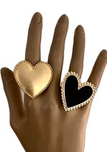 Set /Bundle 2 Large Big Black Enamel & Gold Heart Statement Adjustable Rings - $14.25