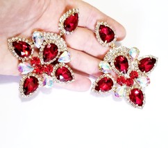 Rhinestone PIERCED Earrings, Chandelier Drop Earrings, Red AB Pageant Earrings,  - £37.07 GBP