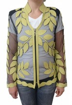 V Neck Light Yellow Zip Genuine Leather Leaf Jacket Womens All Colors Si... - $180.00