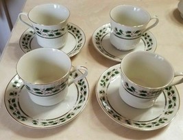 Holly Holiday Christmas Porcelain Set of 4 Coffee Tea Cups with Saucers ... - $39.59