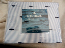 NEW  King WHALE SHEET SET Microfiber Fitted Flat &amp;  Pillowcases Blue Pinstripe - £46.89 GBP
