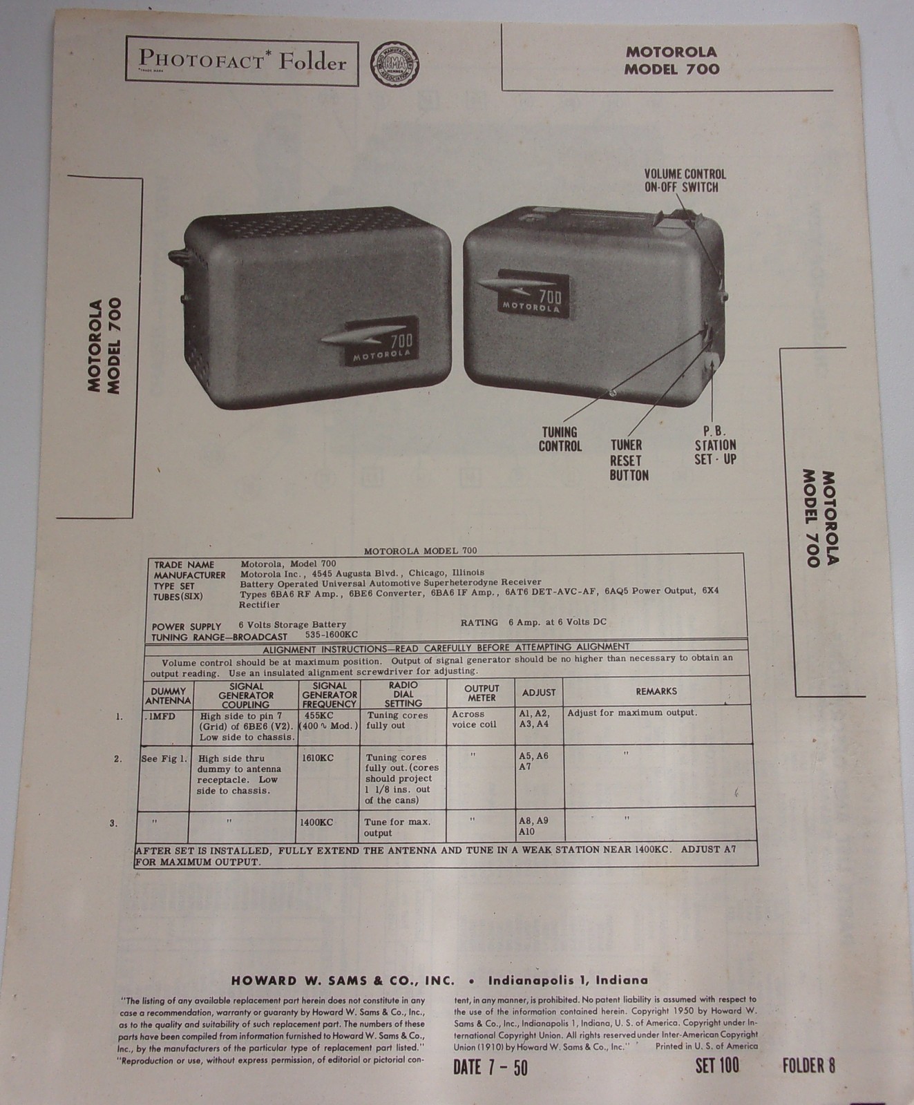 Vintage PhotoFact Motorola Model 700  Instructions 1950 - $4.99