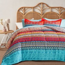 Boho Striped Bed In A Bag 7 Pieces Queen Size, Colorful Bohemian Tribal Teal Blu - £73.31 GBP