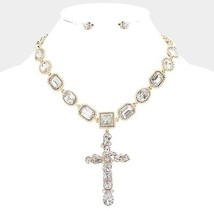 Gold Multi Crystal Stone Cross Pendant Chain Set Charm Necklace Rhinestone Bling - £28.48 GBP