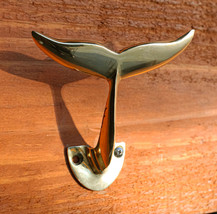 Set of 2 Brass Gold Nautical Sea Baleen Blue Whale Tail Wall Coat Hook Hangers - £18.68 GBP