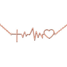 14k Solid Rose Gold Heart Beat Heartbeat with Cross Pendant Necklace - £172.56 GBP+
