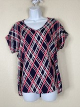 Tini Lili Womens Size S Pink/Navy Plaid V-neck Blouse Rolled Short Sleeve - $7.20