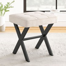 Luna Ottoman Foot Stool Vanity Stool, Sq\. Linen X-Leg Foot Rest, Linen Color. - £40.95 GBP