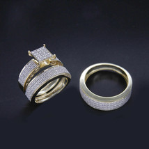 2.5Ct Round Cut Diamond His Her Trio 14K Yellow Gold Finish Wedding Ring Set - £86.81 GBP