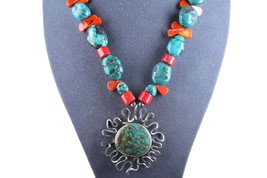 Southwestern Style sterling Turquoise/coral necklace - $193.05