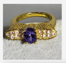 GOLD PURPLE GEMSTONE RHINESTONE COCKTAIL RING SIZE 8 9 10 - £31.23 GBP