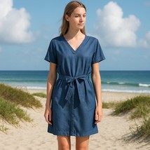ANA Blue Chambray Belted Short Sleeve Dress | Size S - $364.61 MXN