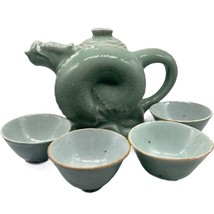 Celadon Dragon Teapot Set for 4: Chinese Glazed Greenware with Teacups jade-like - $66.96