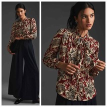 New By Anthropologie Tie-Neck Blouse $128 X-SMALL Brown Motif  - £53.83 GBP