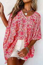 Pink Boho Floral V Neck Kimono Style Blouse - £20.49 GBP