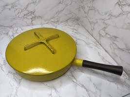 Vintage Dansk Kobenstyle Yellow Enamel Skillet Pan Wood Handle Quistgaard lid - £58.08 GBP