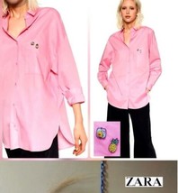 ZARA Pink Shirt  POPLIN Button Down Size Small Charms On Front Pocket - £12.70 GBP