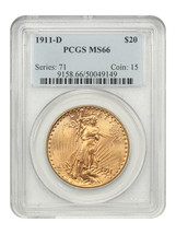 1911-D $20 PCGS MS66 - $7,129.50