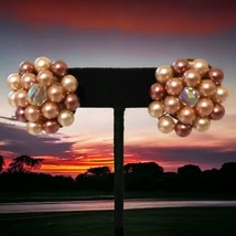 Estate Cluster Bead Bubble Earrings Faux Pearl Clip On AB Crystal Japan ... - $14.10