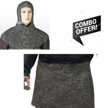 Medieval Knight  Chain mail Combo With Coif Skirt 10 mm Flat Riveted With Warser - $220.35