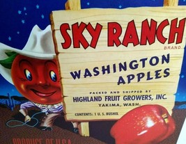 Sky Ranch Apples Crate Label Western Anthropomorphic Cowboy Man Vintage ... - £8.17 GBP