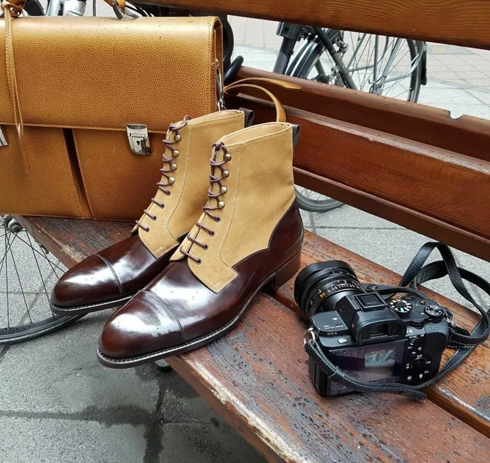 Handmade Men&#39;s Two tone Cap toe boots, Men fashion Lace up ankle dress b... - £141.83 GBP
