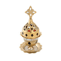 Mother of Pearl Engraved Design Brass Christian Religious Vigil Oil Lamp - $52.95