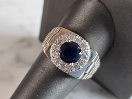 Mens Vintage Estate 14k White Gold Diamond Sapphire Ring 9.3g E7437 - £989.01 GBP