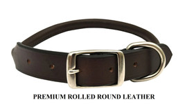 Premium Rolled Leather Heavy Duty Round Adjustable Dog Collar*Brown Silver Buckle - £9.58 GBP+
